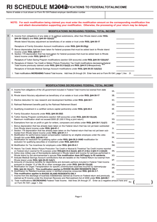 Fillable Ri Schedule M (Form Ri-1041) - Ri Modifications To Federal Total Income - 2012 Printable pdf