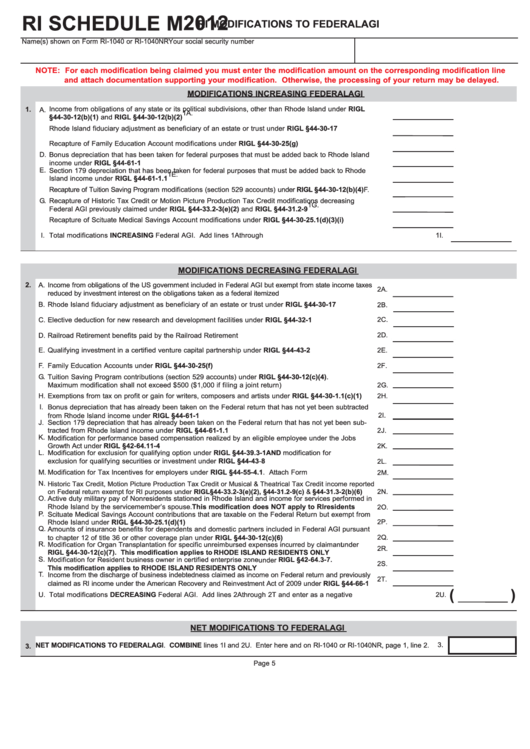 Fillable Ri Schedule M - Attach To Form Ri-1040 Or Ri-1040nr - Ri Modifications To Federal Agi - 2012 Printable pdf