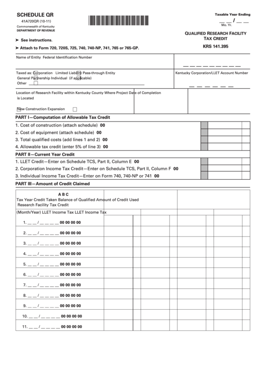 Fillable Schedule Qr (Form 41a720qr) - Qualified Research Facility Tax Credit Printable pdf