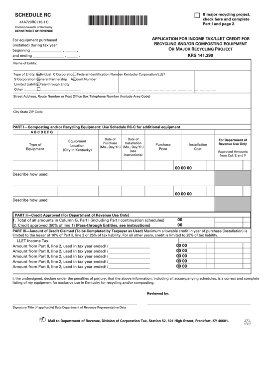 Schedule Rc (Form 41a720rc) - Application For Income Tax/llet Credit For Recycling And/or Composting Equipment Or Major Recycling Project Printable pdf