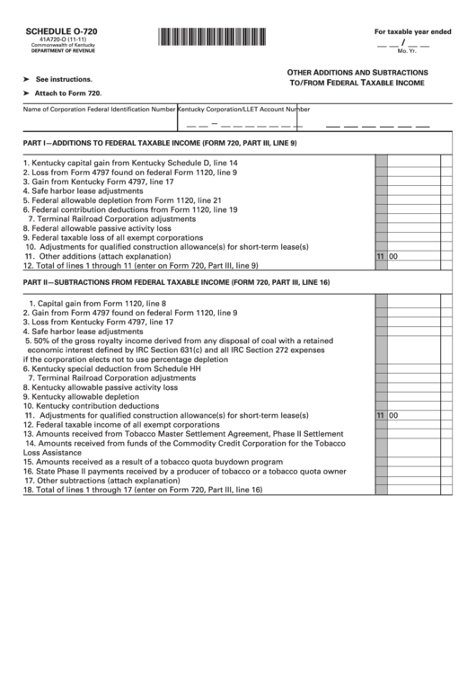 Schedule O-720 (Form 41a720-O) - Other Additions And Subtractions To/from Federal Taxable Income Printable pdf