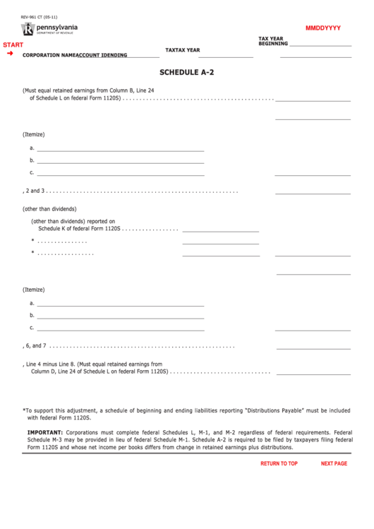 Fillable Schedule A-2 (Form Rev-961 Ct) - Corporation Tax, Schedule A-3 (Form Rev-961 Ct) - Adjustments To Net Income Per Books Printable pdf