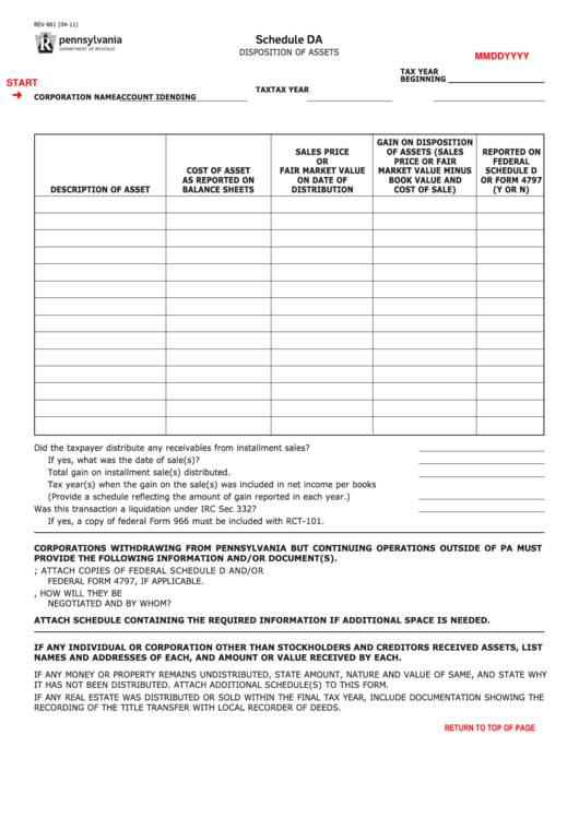 Fillable Schedule Da (Form Rev-861) - Disposition Of Assets Printable pdf