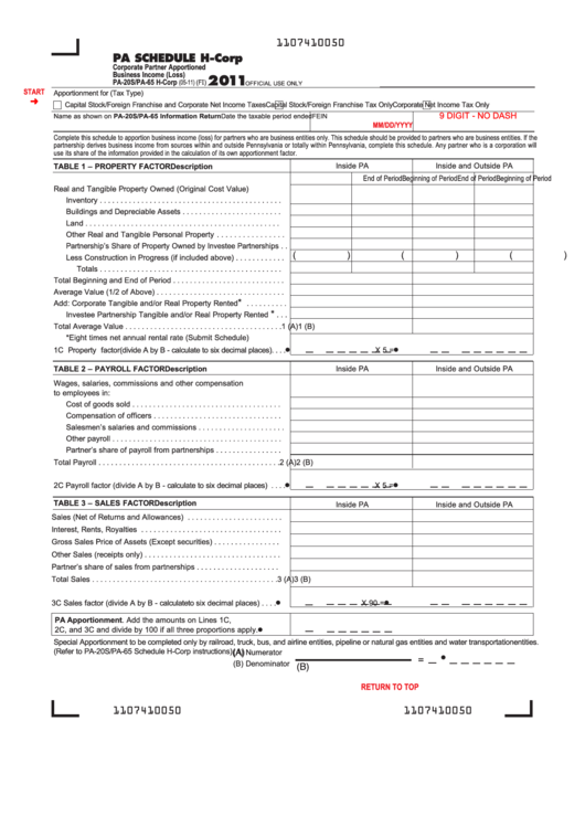 Fillable Pa Schedule H-Corp (Form Pa-20s/pa-65 H-Corp) - Corporate Partner Apportioned Business Income (Loss) - 2011 Printable pdf