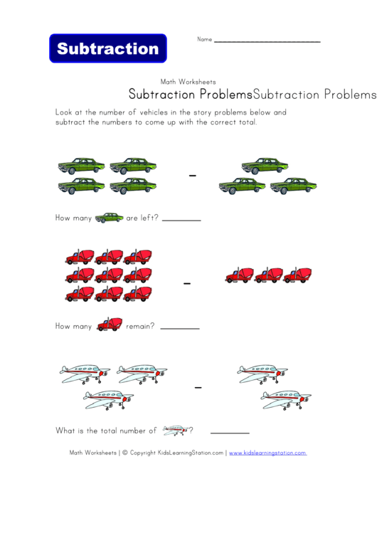 Subtraction Problems Worksheet - Vehicles Printable pdf