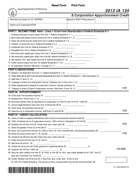 Fillable Form Ia 134 - S Corporation Apportionment Credit - 2013 Printable pdf