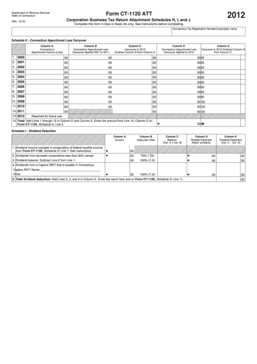 Fillable Form Ct-1120 Att - Corporation Business Tax Return Attachment Schedules H, I, And J - 2012 Printable pdf