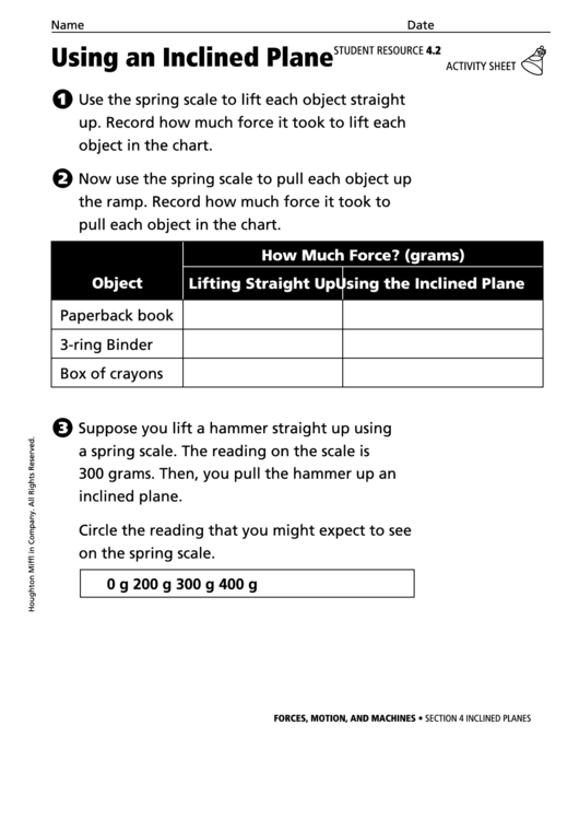 Using An Inclined Plane Forces, Motion, And Machines Activity Sheet Printable pdf