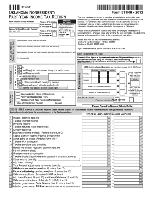 Fillable Form 511nr - Oklahoma Nonresident/part-Year Income Tax Return - 2012 Printable pdf