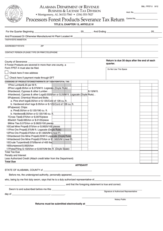 Form B&l: Fpst-3 - Processors Forest Products Severance Tax Return Printable pdf
