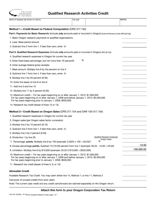 Fillable Form 150-102-128 - Qualified Research Activities Credit - Oregon Department Of Revenue Printable pdf