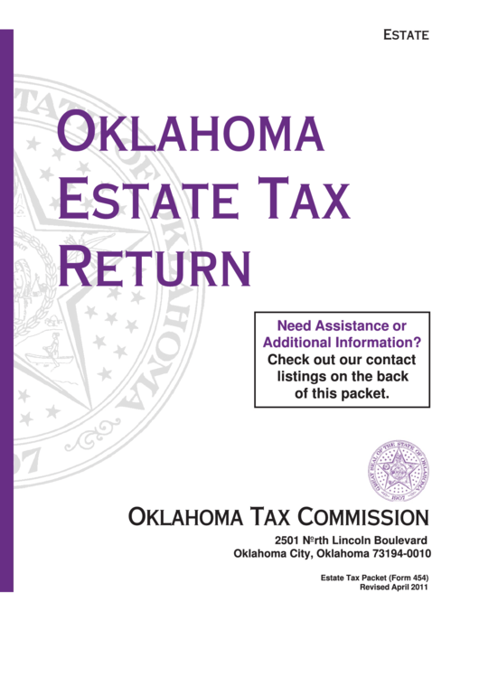 Fillable Form 454 - Oklahoma Estate Tax Return Packet Printable pdf