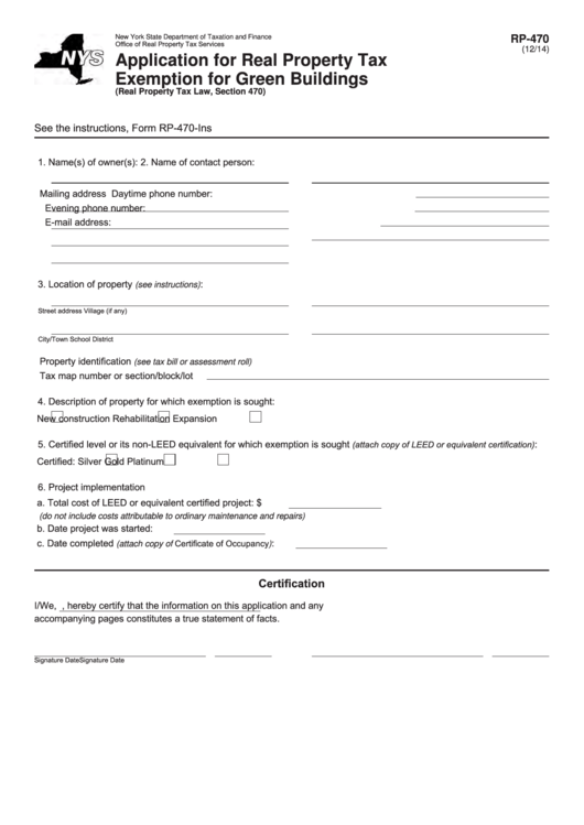 Fillable Form Rp-470 - Application For Real Property Tax Exemption For Green Buildings Printable pdf