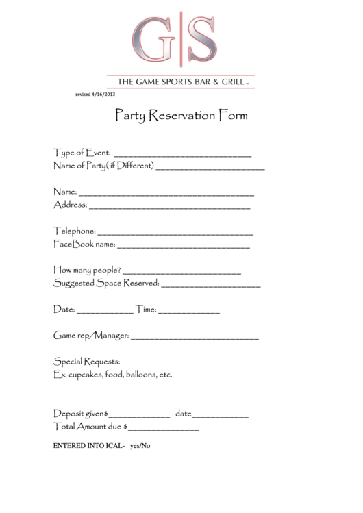 Party Reservation Form Printable pdf