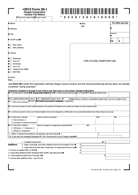 Fillable Form 20-I - Oregon Corporation Income Tax Return - 2012 Printable pdf