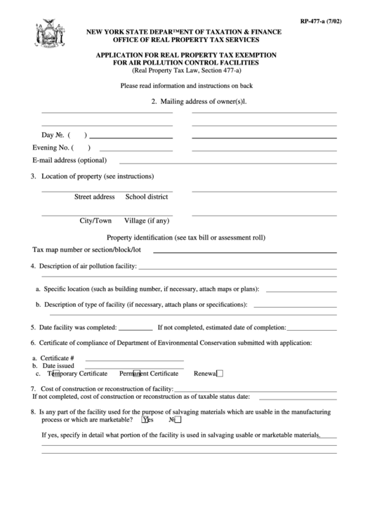Fillable Form Rp-477-A - Application For Real Property Tax Exemption For Air Pollution Control Facilities Printable pdf