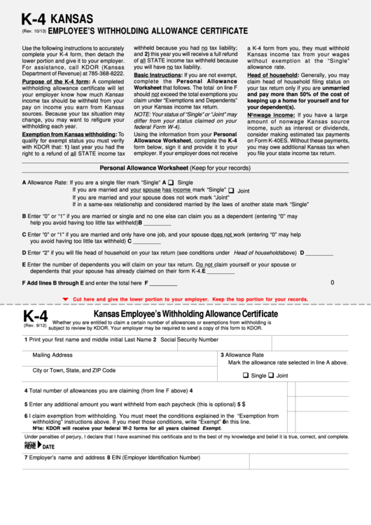 Fillable Form K4 Kansas Employee'S Withholding Allowance Certificate