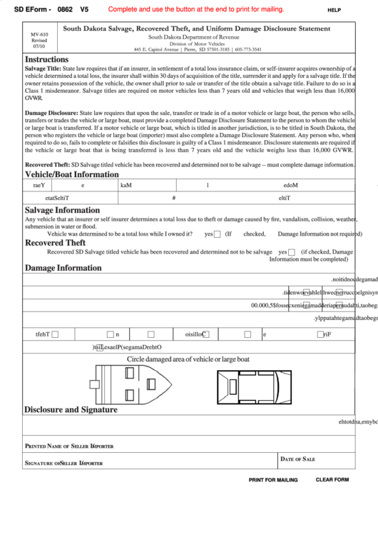 Fillable Sd Eform 0862 V5 - South Dakota Salvage, Recovered Theft, And Uniform Damage Disclosure Statement Printable pdf