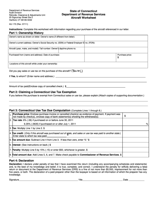 Fillable Form Au-170 - Aircraft Worksheet Printable pdf