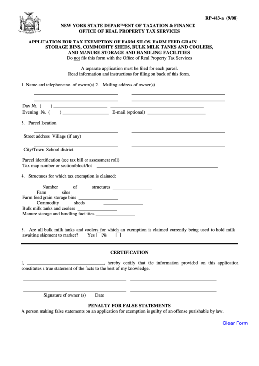 Fillable Form Rp-483-A - Application For Tax Exemption Of Farm Silos, Farm Feed Grain Storage Bins, Commodity Sheds, Bulk Milk Tanks And Coolers, And Manure Storage And Handling Facilities Printable pdf