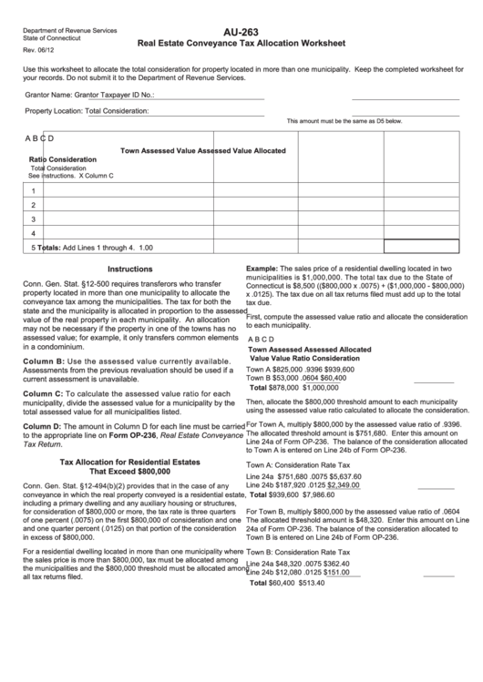 Fillable Form Au-263 - Real Estate Conveyance Tax Allocation Worksheet Printable pdf