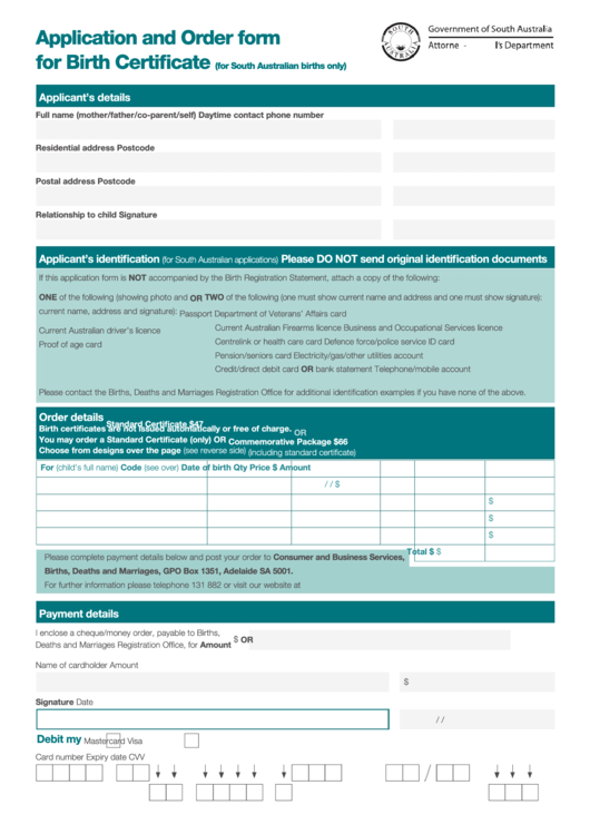 Application And Order Form For Birth Certificate (For South Australian Births Only) Printable pdf