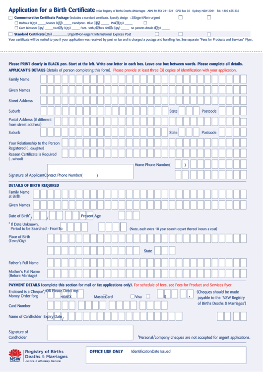 Application For A Birth Certificate - Nsw Registry Of Births Deaths & Marriages Printable pdf