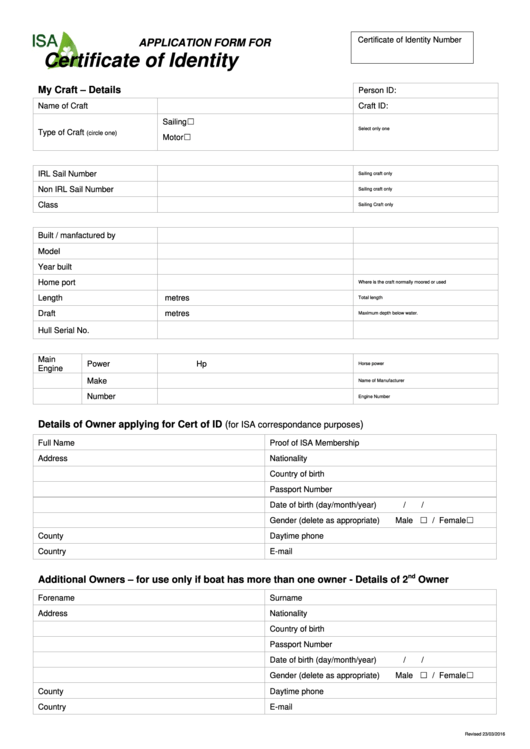 Application Form For Certificate Of Identity Printable pdf
