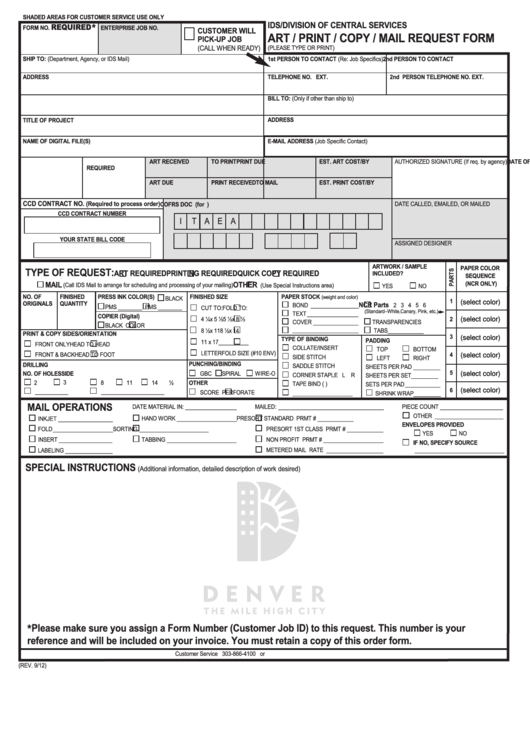 Fillable Art / Print / Copy / Mail Request Form - Ids/division Of Central Services Printable pdf