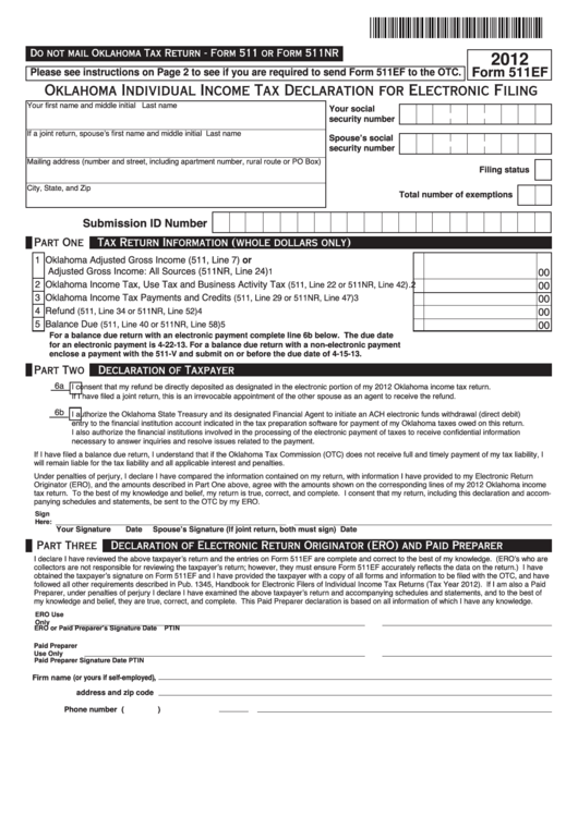 Fillable Form 511ef - Oklahoma Individual Income Tax Declaration For Electronic Filing - 2012 Printable pdf