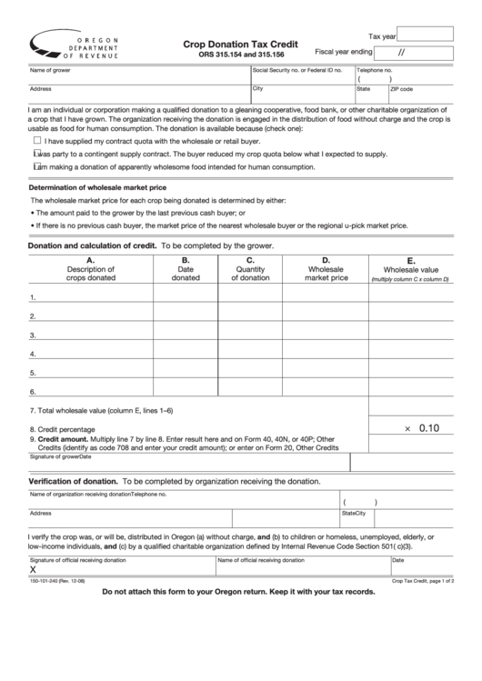 Fillable Form 150-101-240 - Crop Donation Tax Credit - Oregon Department Of Revenue Printable pdf