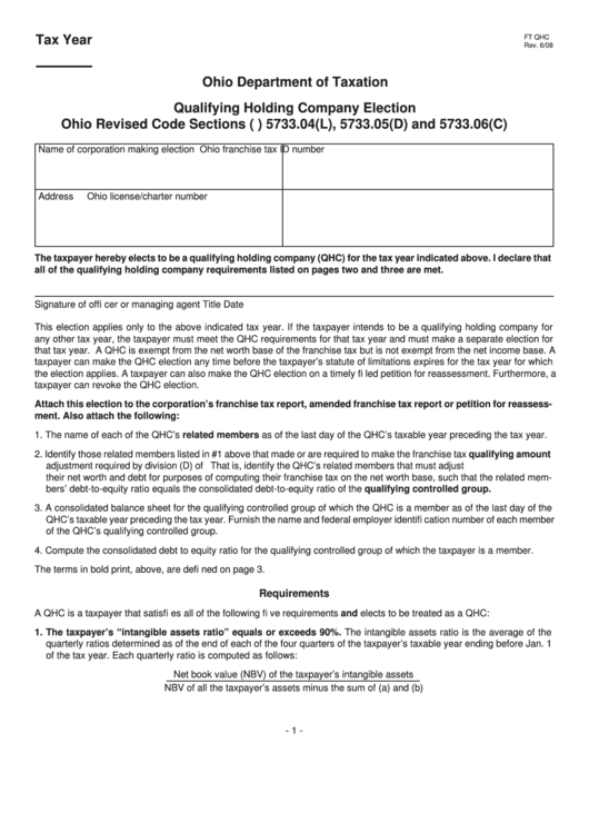 Fillable Form Ft Qhc - Qualifying Holding Company Election - Ohio Department Of Taxation Printable pdf