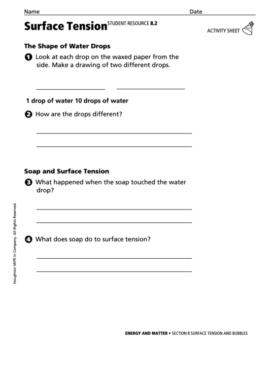 Surface Tension Energy And Matter Activity Sheet Printable pdf