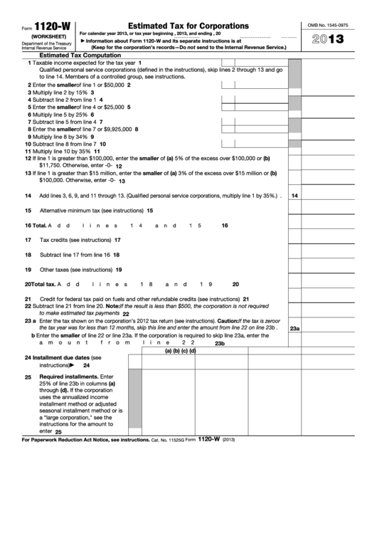 Fillable Form 1120-W (Worksheet) - Estimated Tax For Corporations - 2013 Printable pdf