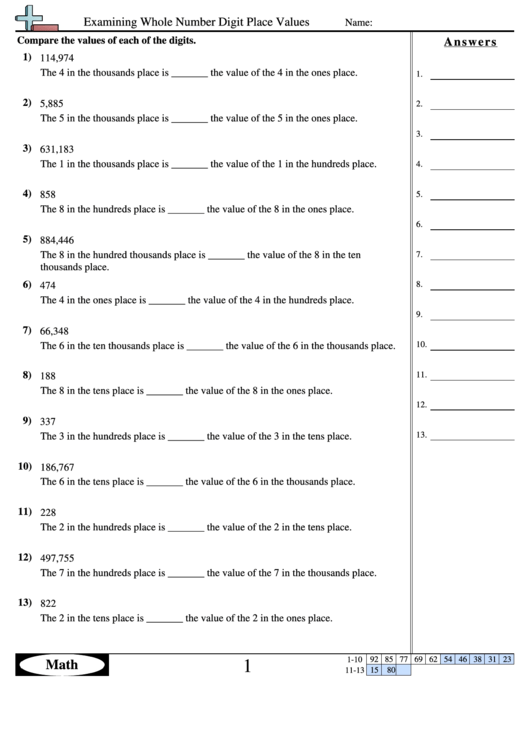 Examining Whole Number Digit Place Values Worksheet With Answers Printable Pdf Download