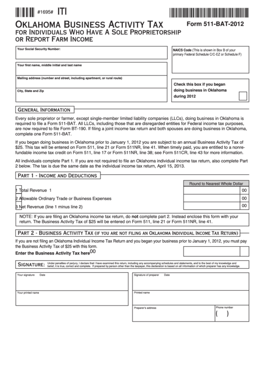 Fillable Form 511-Bat - Oklahoma Business Activity Tax - 2012 Printable pdf