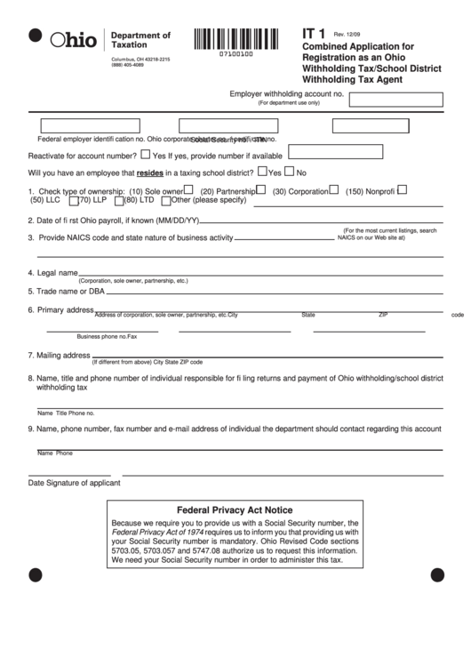 Fillable Form It 1 - Combined Application For Registration As An Ohio Withholding Tax/school District Withholding Tax Agent Printable pdf