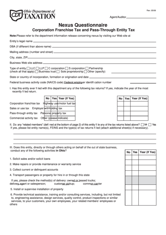Nexus Questionnaire Form Corporation Franchise Tax And PassThrough