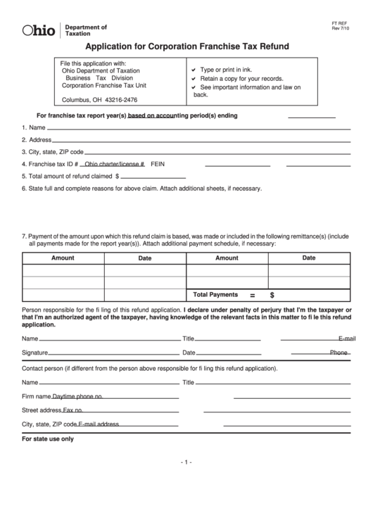 Fillable Form Ft Ref - Application For Corporation Franchise Tax Refund Printable pdf