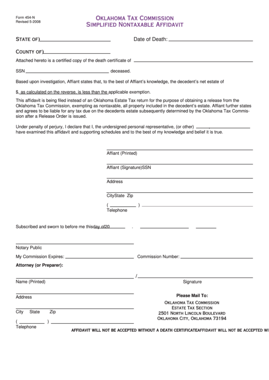 Fillable Form 454-N - Simplified Nontaxable Affidavit - Oklahoma Tax Commission Printable pdf