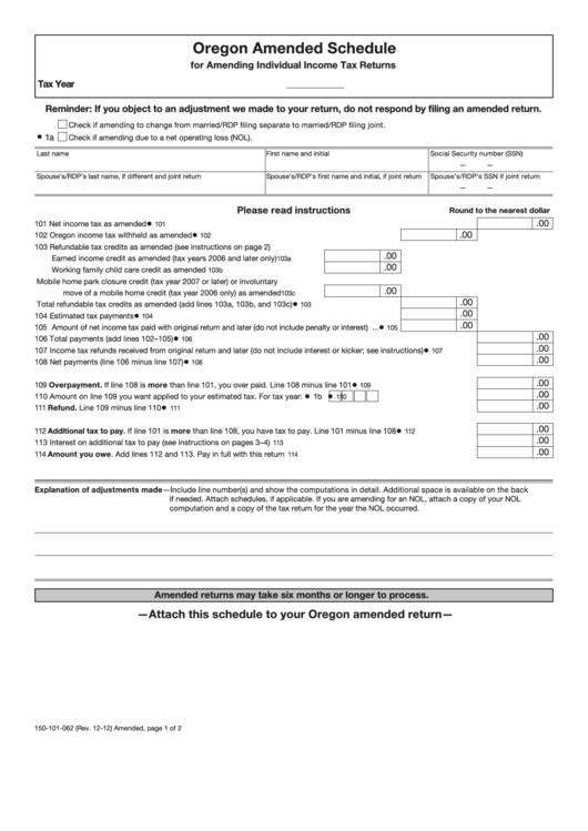 Fillable Form 150-101-062 - Oregon Amended Schedule For Amending Individual Income Tax Returns - Oregon Department Of Revenue Printable pdf