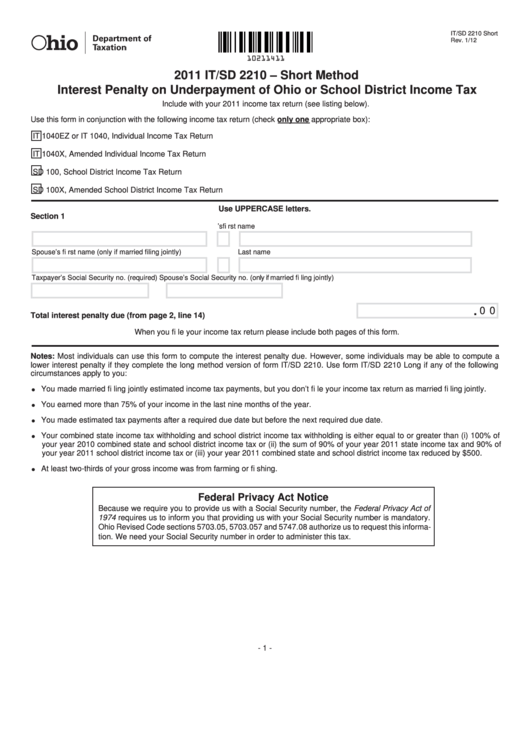 Fillable Form It/sd 2210 - Short Method - Interest Penalty On Underpayment Of Ohio Or School District Income Tax - 2011 Printable pdf