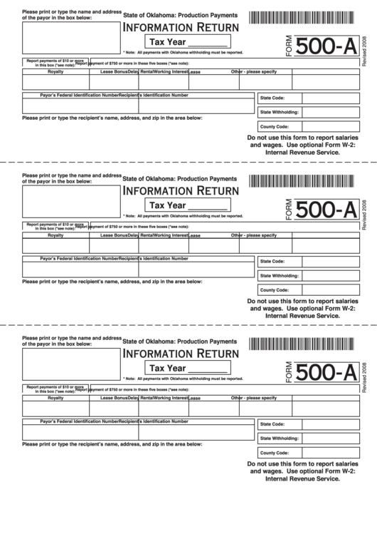 Fillable Form 500-A - Information Return - State Of Oklahoma - Production Payments Printable pdf