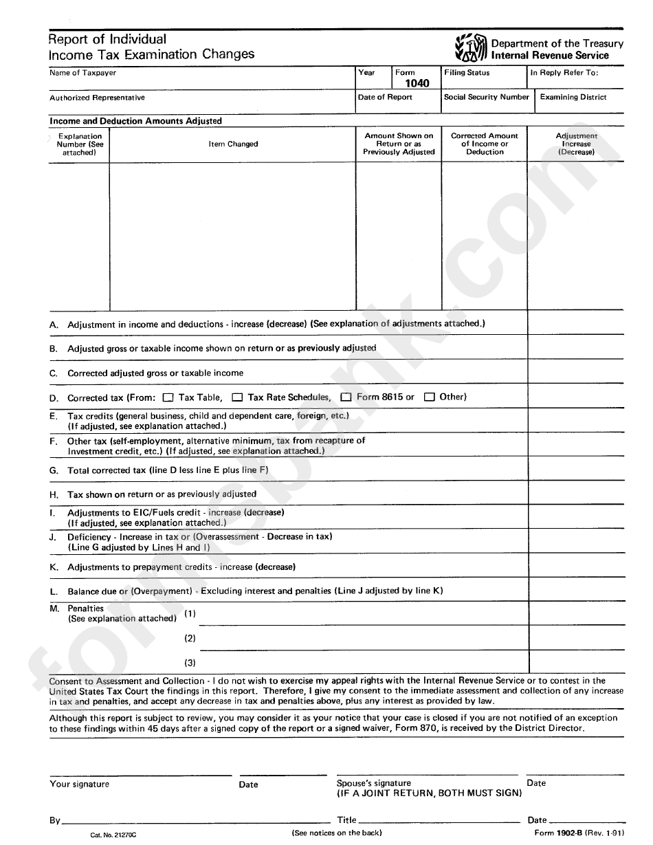 Form 1902-B - Report Of Individual Income Tax Examination Changes