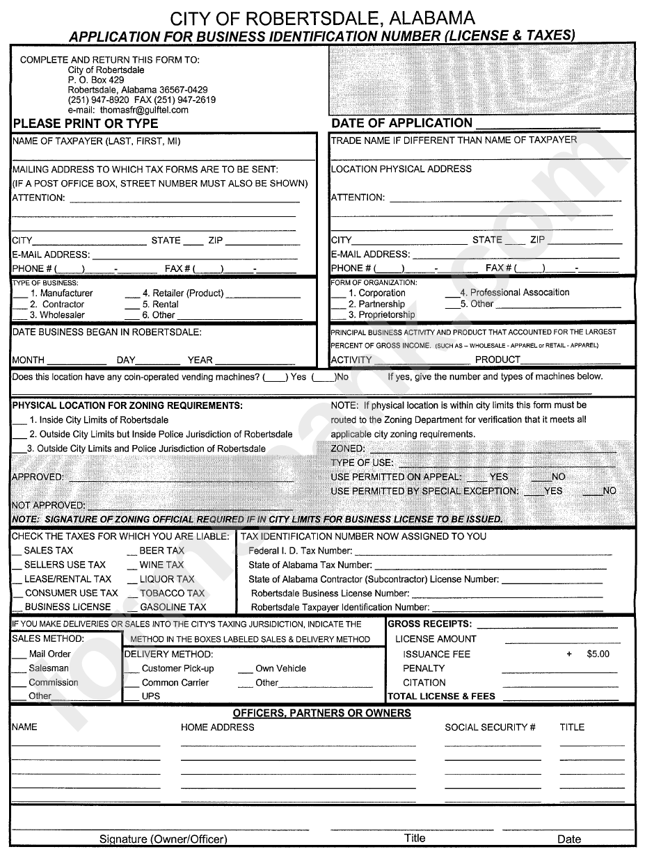 Application For Business Identification Number (License And Taxes) - City Of Robersdale
