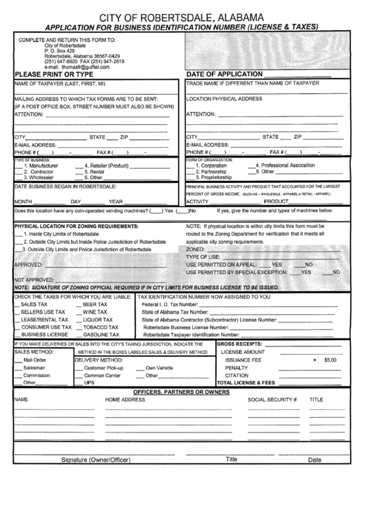 Application For Business Identification Number (License And Taxes) - City Of Robersdale Printable pdf