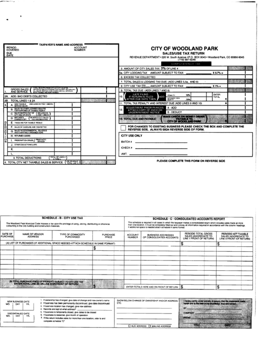 Sales And Use Tax Return - City Of Woodland Park Printable pdf