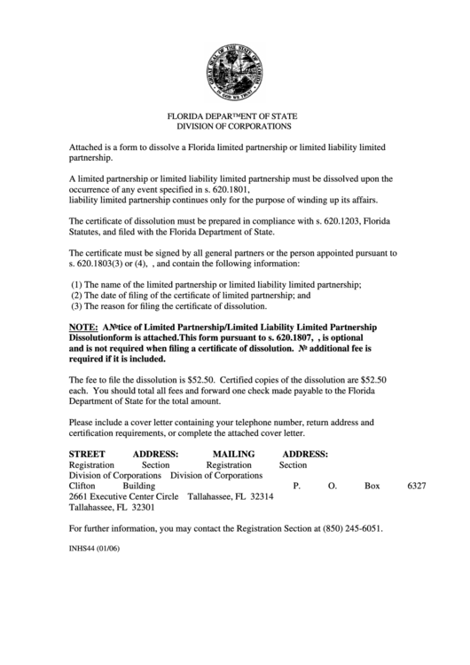 Cover Letter, Certificate And Notice Of Dissolution - Florida Division Of Corporations Printable pdf