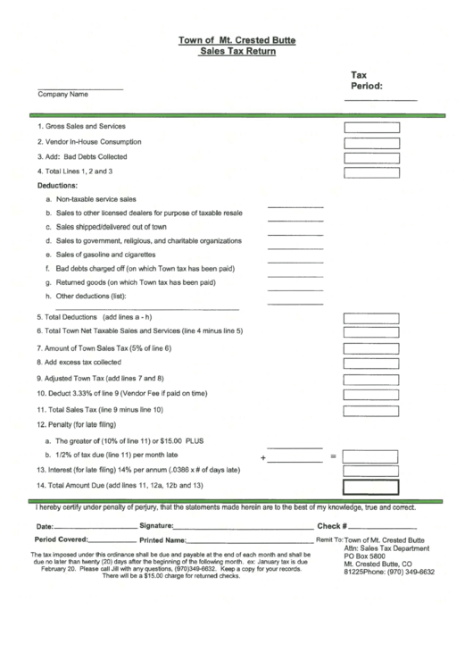 Sales Tax Return - Town Of Mt. Crested Butte Printable pdf