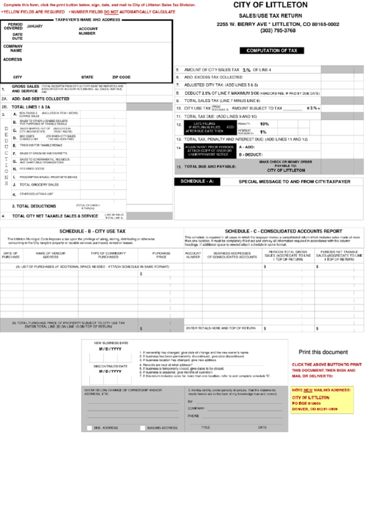 Fillable Sales And Use Tax Return - City Of Littleton Printable pdf